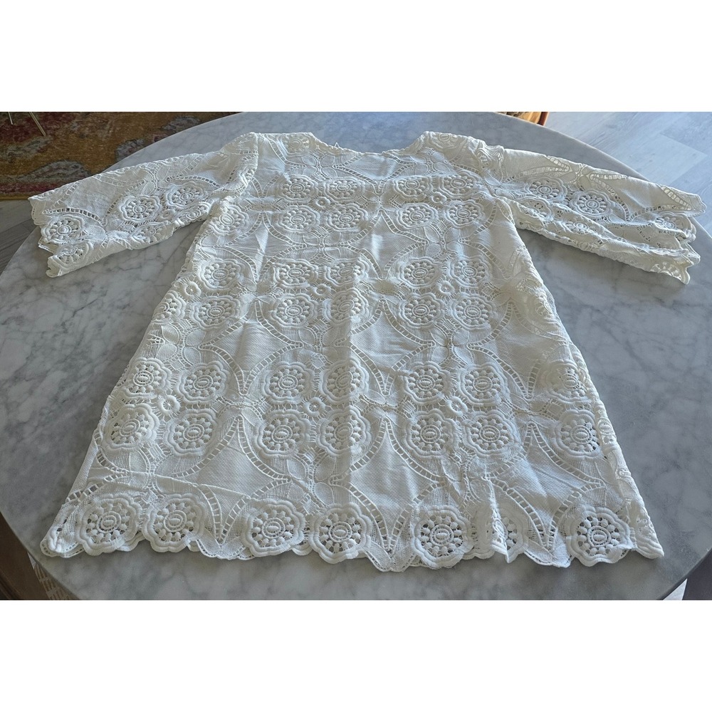 Pretty Angel White Floral Lace Crochet Bell Sleeve Tunic Top AL-LS-10919 NWT L
